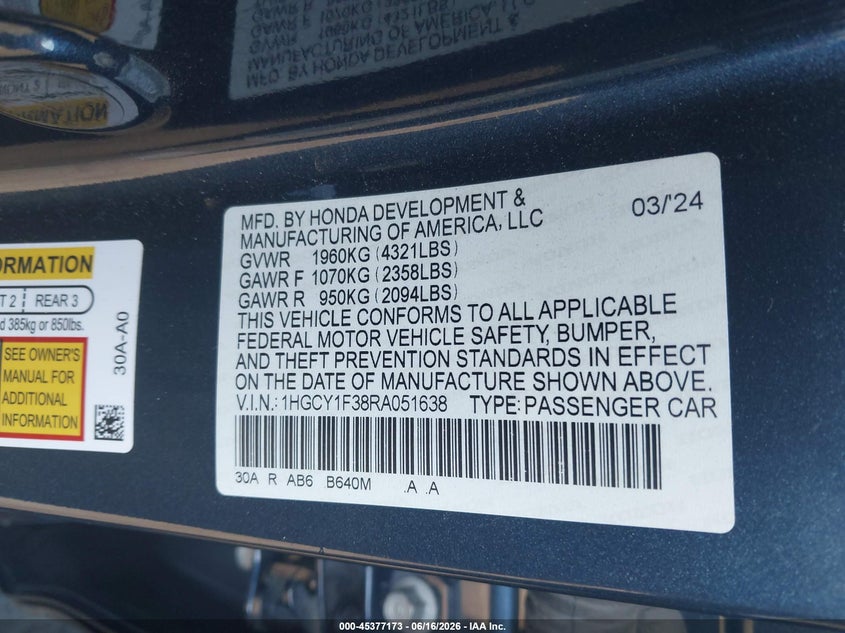 2024 Honda Accord VIN 1HGCY1F38RA051638 IAAI salvage auction — LEFT FRONT, Salvage Title, sold $5,300 on 2026-07-26 (photo 9)