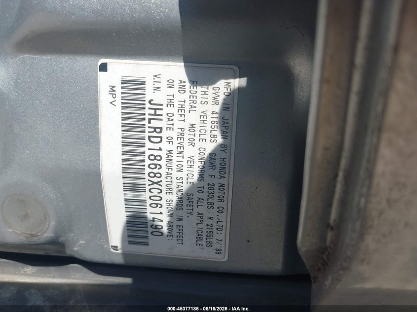 1999 Honda Cr-v VIN JHLRD1868XC061490 IAAI salvage auction — NORMAL WEAR, Clear (Arkansas), sold $500 on 2026-07-08 (photo 9)