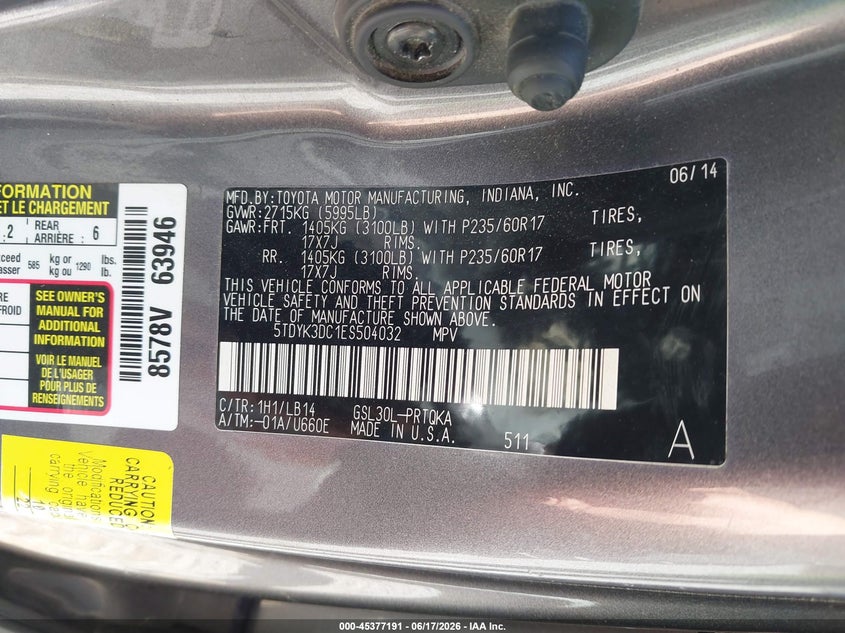 2014 Toyota Sienna VIN 5TDYK3DC1ES504032 IAAI salvage auction — LEFT REAR, Salvage Title, sold $2,050 on 2026-08-01 (photo 9)