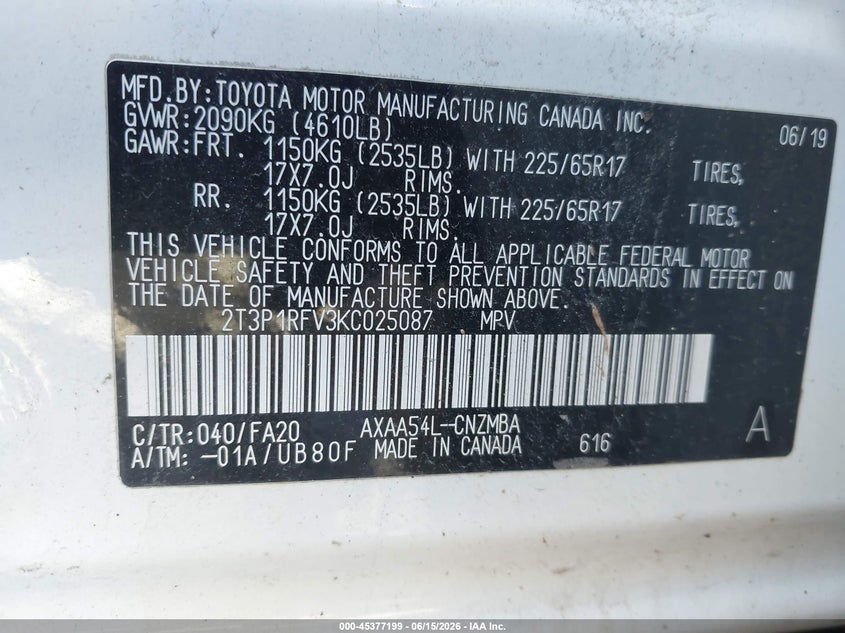 2019 Toyota Rav 4 VIN 2T3P1RFV3KC025087 IAAI salvage auction — FRONT END, Salvage (Pennsylvania), sold $6,800 on 2026-07-05 (photo 9)
