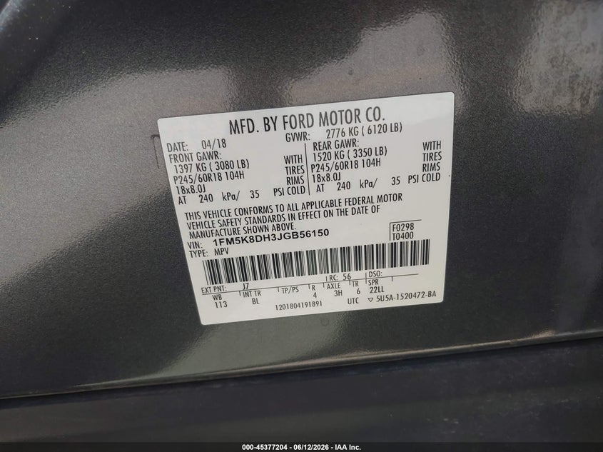 2018 Ford Explorer VIN 1FM5K8DH3JGB56150 IAAI salvage auction — FRONT END, Salvage (Utah), sold $4,900 on 2026-07-09 (photo 9)