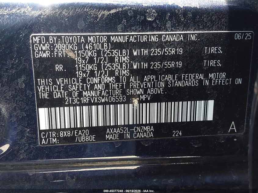 2025 Toyota Rav 4 VIN 2T3C1RFVXSW406593 IAAI salvage auction — RIGHT FRONT, Salvage (California), sold $13,100 on 2026-07-29 (photo 9)