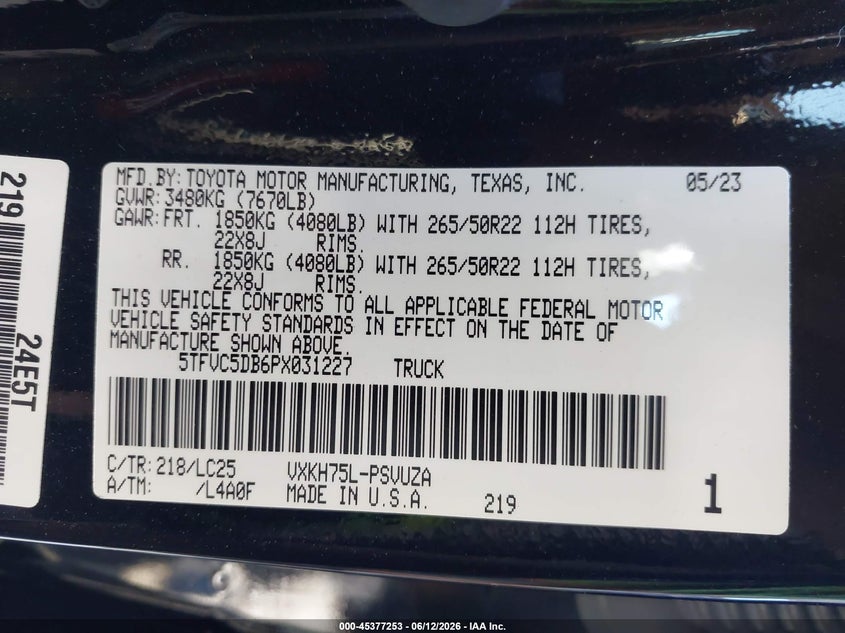 2023 Toyota Tundra VIN 5TFVC5DB6PX031227 IAAI salvage auction — LEFT FRONT, Salvage (California), sold $43,250 on 2026-07-16 (photo 9)