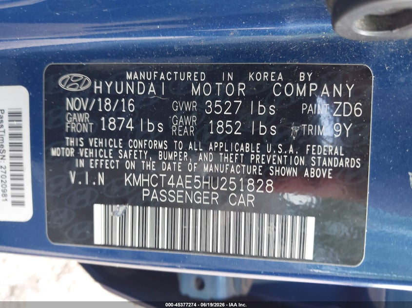 2017 Hyundai Accent VIN KMHCT4AE5HU251828 IAAI salvage auction — REAR END, Salvage (South Carolina), sold $800 on 2026-07-21 (photo 9)
