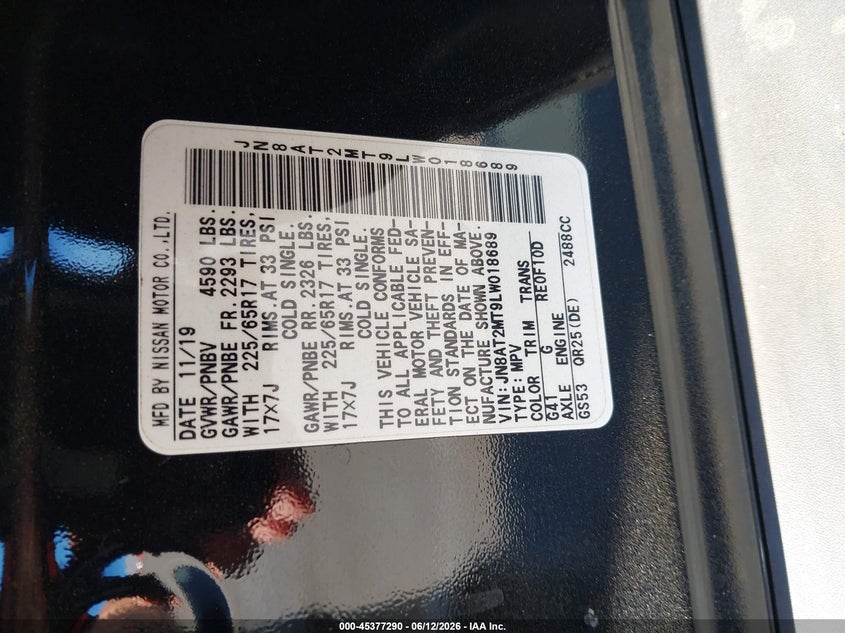 2020 Nissan Rogue VIN JN8AT2MT9LW018689 IAAI salvage auction — REAR END, Salvage Title, sold $3,650 on 2026-07-16 (photo 9)