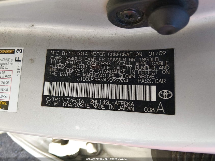 2010 Toyota Corolla VIN JTDBU4EE9A9097334 IAAI salvage auction — RIGHT REAR, Salvage (Illinois), sold $1,525 on 2026-07-22 (photo 9)