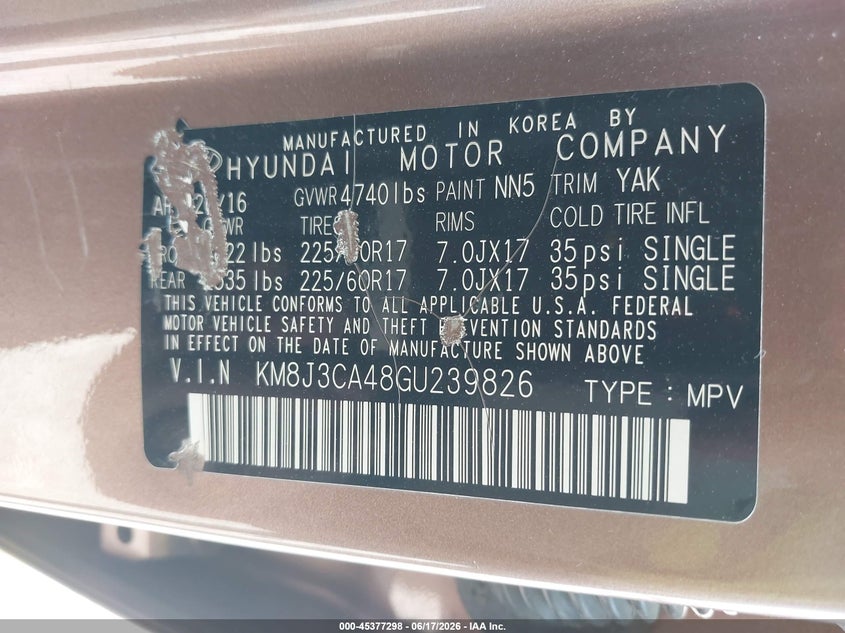 2016 Hyundai Tucson VIN KM8J3CA48GU239826 IAAI salvage auction — NORMAL WEAR, Clear (Illinois), sold $2,850 on 2026-07-15 (photo 9)