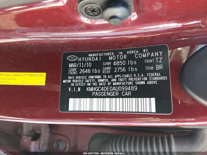 2010 Hyundai Genesis VIN KMHGC4DE0AU099489 IAAI salvage auction — FRONT END, Salvage - Greater Than 75% (Maryland), sold $675 on 2026-07-16 (photo 9)