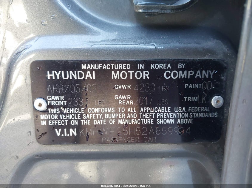 2002 Hyundai Sonata VIN KMHWF25H52A659994 IAAI salvage auction — LEFT FRONT, Salvage (Missouri), sold $250 on 2026-07-14 (photo 9)