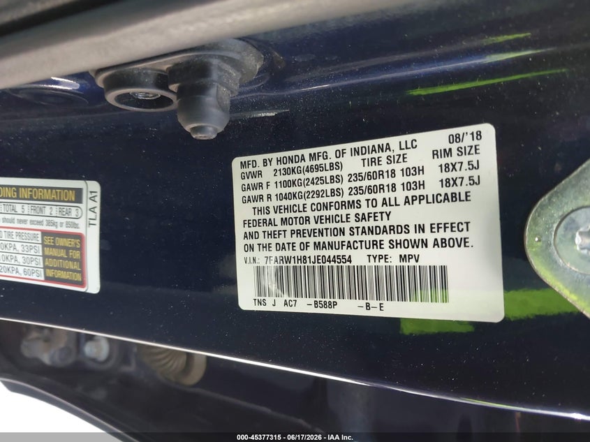 2018 Honda Cr-v VIN 7FARW1H81JE044554 IAAI salvage auction — RIGHT SIDE, Salvage (Texas), sold $8,000 on 2026-07-07 (photo 9)