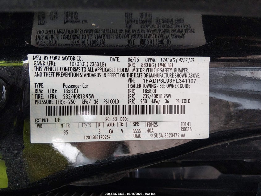 2015 Ford Focus st VIN 1FADP3L93FL341107 IAAI salvage auction — FRONT END, Salvage Title, sold $375 on 2026-07-31 (photo 9)