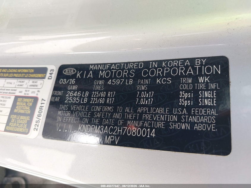 2017 Kia Sportage VIN KNDPM3AC2H7080014 IAAI salvage auction — FRONT END, Rebuildable (Florida), sold $1,800 on 2026-07-07 (photo 9)