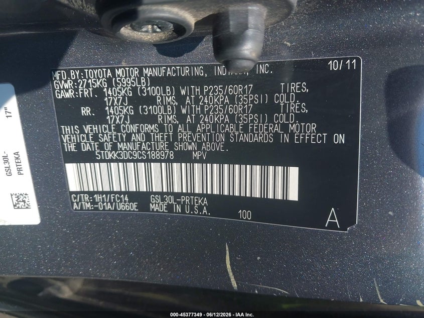 2012 Toyota Sienna VIN 5TDKK3DC9CS188978 IAAI salvage auction — NORMAL WEAR, Clear (North Carolina), sold $2,150 on 2026-07-16 (photo 9)