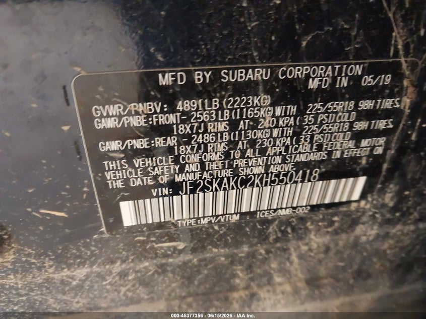 2019 Subaru Forester VIN JF2SKAKC2KH550418 IAAI salvage auction — REAR END, Clear (Michigan), sold $5,025 on 2026-07-14 (photo 9)