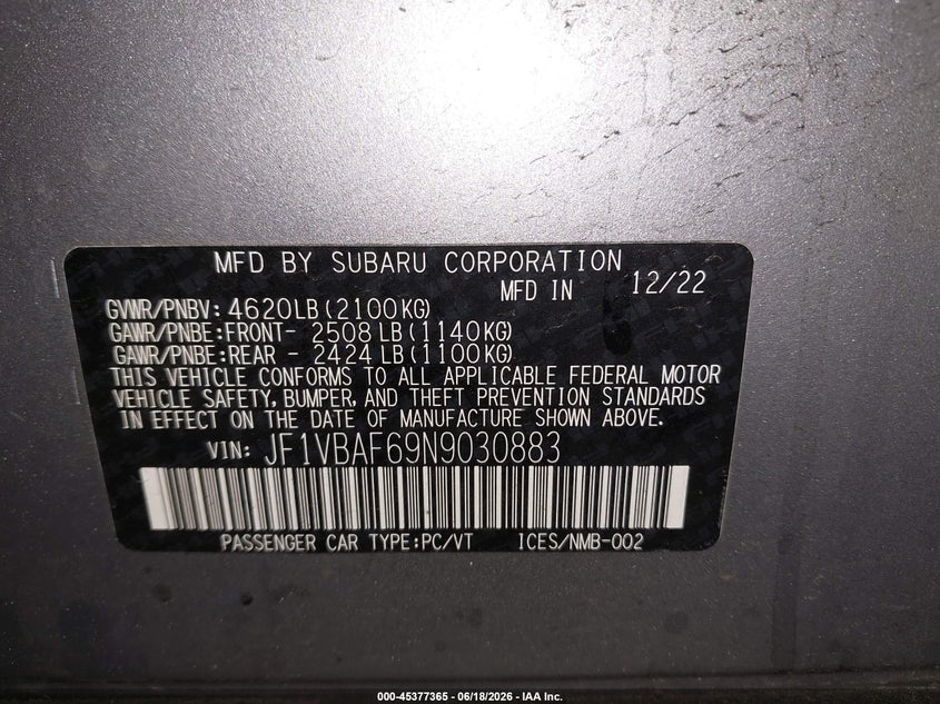 2022 Subaru Wrx VIN JF1VBAF69N9030883 IAAI salvage auction — FRONT & REAR, Salvage Title, sold $4,450 on 2026-07-10 (photo 9)