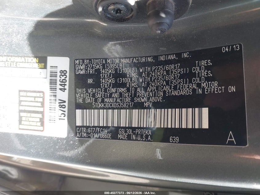 2013 Toyota Sienna VIN 5TDKK3DCXDS358217 IAAI salvage auction — FRONT END, Salvage (Illinois), sold $2,150 on 2026-07-22 (photo 9)