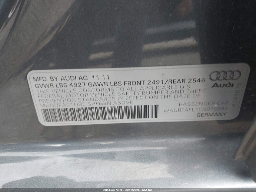 2012 Audi A4 VIN WAUBFAFL1CN015593 IAAI salvage auction — FRONT END, Salvage (Virginia), sold $225 on 2026-09-16 (photo 9)