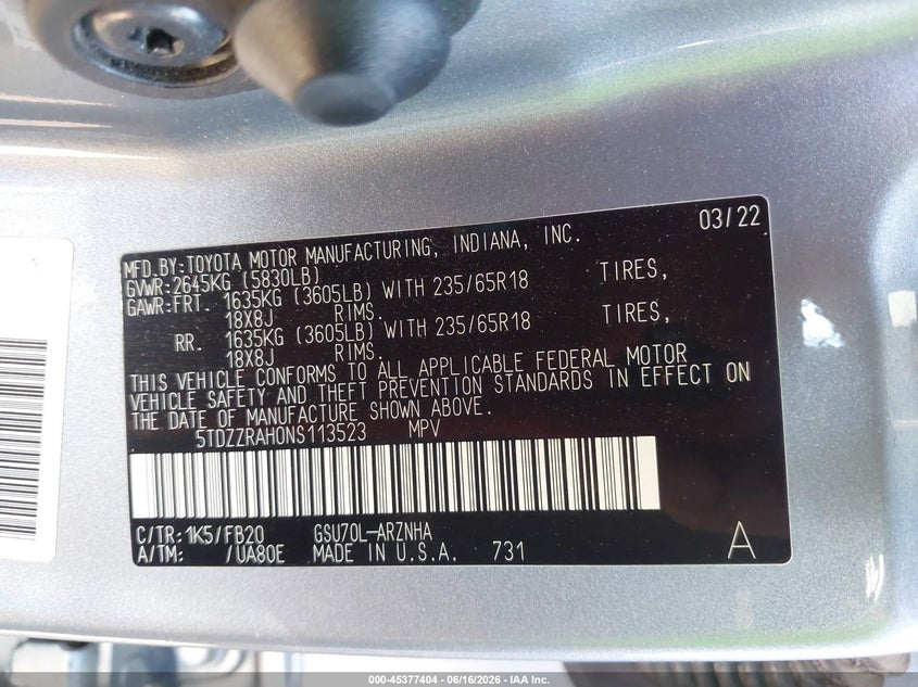 2022 Toyota Highlander VIN 5TDZZRAH0NS113523 IAAI salvage auction — FRONT END, Salvage Title, sold $12,400 on 2026-07-28 (photo 9)