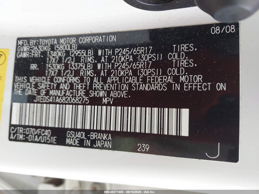 2008 Toyota Highlander VIN JTEDS41A682068275 IAAI salvage auction — FRONT END, Salvage (Alabama), sold $400 on 2026-07-15 (photo 9)