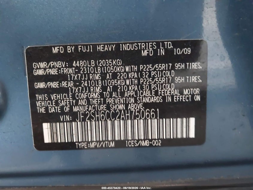 2010 Subaru Forester VIN JF2SH6CC2AH750661 IAAI salvage auction — FRONT END, Rebuildable (Florida), sold $600 on 2026-07-07 (photo 9)
