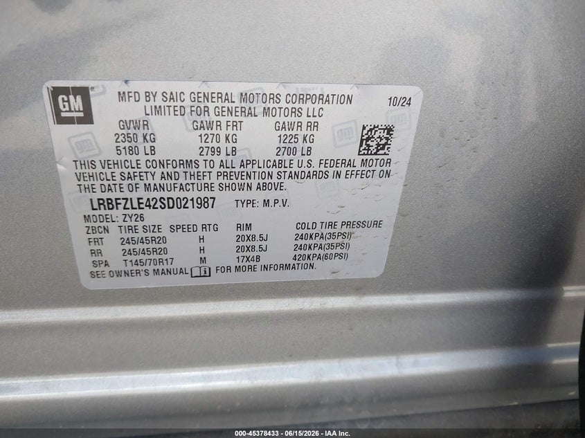 2025 Buick Envision VIN LRBFZLE42SD021987 IAAI salvage auction — RIGHT FRONT, Salvage (Massachusetts), sold $9,000 on 2026-07-24 (photo 9)