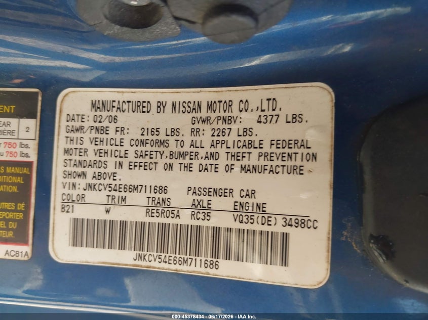 2006 Infiniti G35 VIN JNKCV54E66M711686 IAAI salvage auction — NORMAL WEAR, Original (Texas), sold $325 on 2026-07-29 (photo 9)