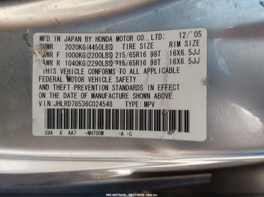 2006 Honda Cr-v VIN JHLRD78536C024548 IAAI salvage auction — NORMAL WEAR, Clear (Pennsylvania), sold $500 on 2026-07-22 (photo 9)