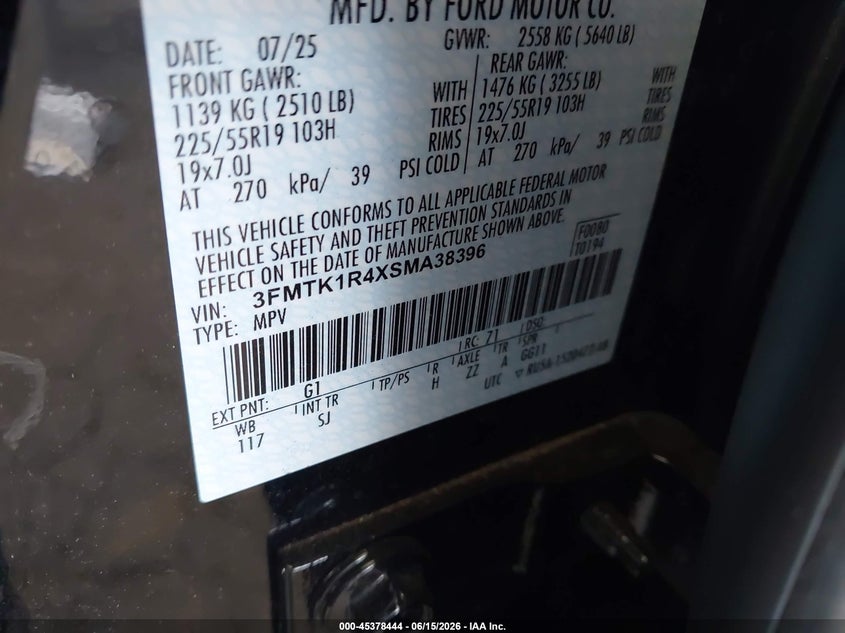 2025 Ford Mustang mach-e VIN 3FMTK1R4XSMA38396 IAAI salvage auction — FRONT END, Salvage Title, sold $10,150 on 2026-08-20 (photo 9)