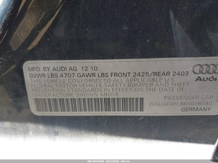2011 Audi A4 VIN WAUAFAFL8BN038492 IAAI salvage auction — FRONT END, Clear (Montana), sold $300 on 2026-07-28 (photo 9)