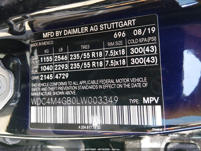 2020 Mercedes-benz Glb VIN WDC4M4GB0LW003349 IAAI salvage auction — FRONT END, Salvage Title, sold $8,125 on 2026-08-12 (photo 9)