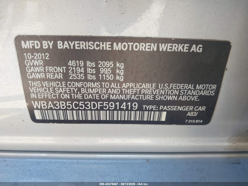 2013 BMW 3er VIN WBA3B5C53DF591419 IAAI salvage auction — LEFT SIDE, Salvage (California), sold $1,700 on 2026-07-08 (photo 9)