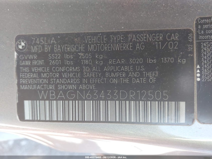 2003 BMW 7er VIN WBAGN63433DR12505 IAAI salvage auction — RIGHT SIDE, Clear (Michigan), sold $650 on 2026-07-09 (photo 9)