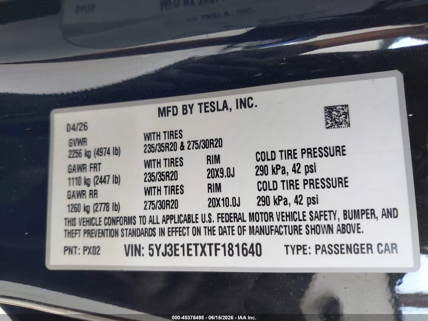 2026 Tesla Model 3 VIN 5YJ3E1ETXTF181640 IAAI salvage auction — FRONT END, Bill Of Sale (Washington), sold $10,800 on 2026-07-09 (photo 9)