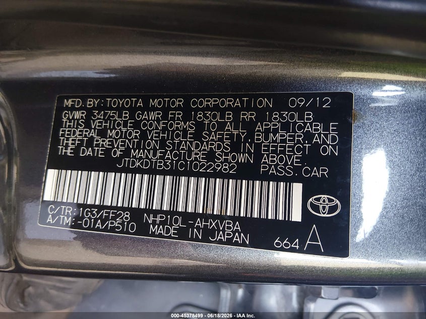 2012 Toyota Prius c VIN JTDKDTB31C1022982 IAAI salvage auction — RIGHT FRONT, Bill Of Sale (Washington), sold $825 on 2026-07-16 (photo 9)