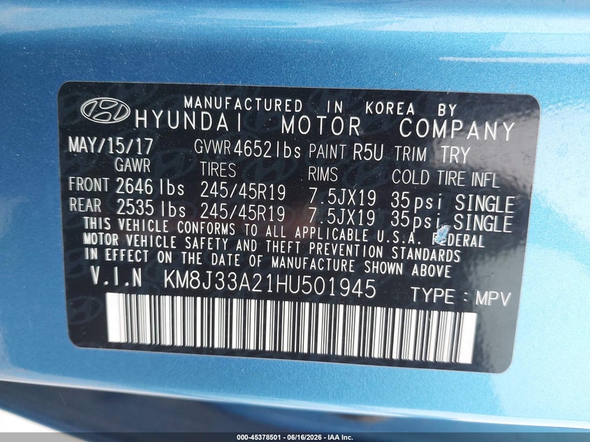 2017 Hyundai Tucson VIN KM8J33A21HU501945 IAAI salvage auction — NORMAL WEAR, Clear (Texas), sold $4,025 on 2026-07-30 (photo 9)