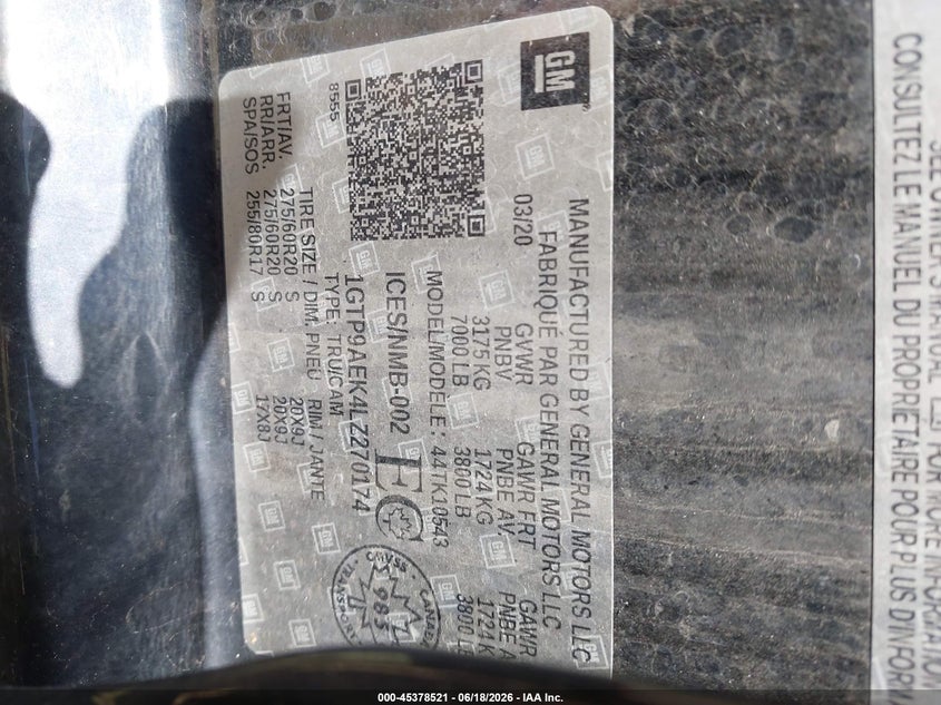 2020 Gmc SIERRA VIN 1GTP9AEK4LZ270174 IAAI salvage auction — HAIL, Salvage Title, sold $7,500 on 2026-07-12 (photo 9)