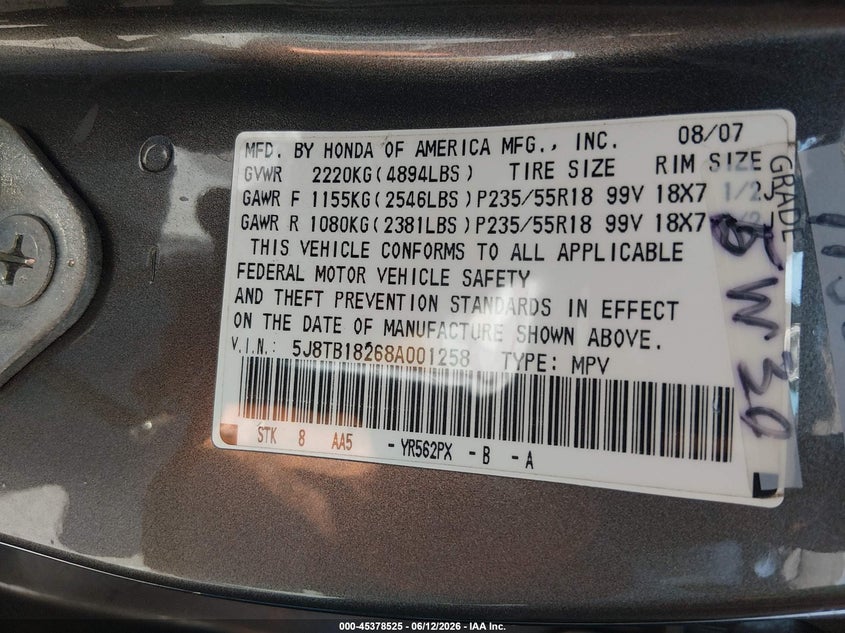 2008 Acura Rdx VIN 5J8TB18268A001258 IAAI salvage auction — NORMAL WEAR, Clear - Dealer Only (California), sold $800 on 2026-07-09 (photo 9)