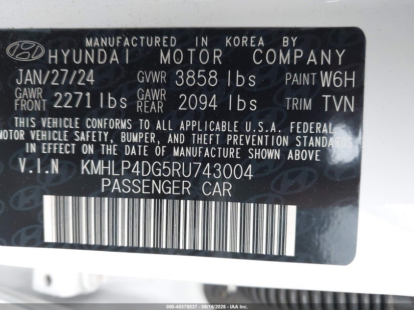 2024 Hyundai Elantra VIN KMHLP4DG5RU743004 IAAI salvage auction — FRONT END, Salvage Title, sold $7,000 on 2026-08-26 (photo 9)