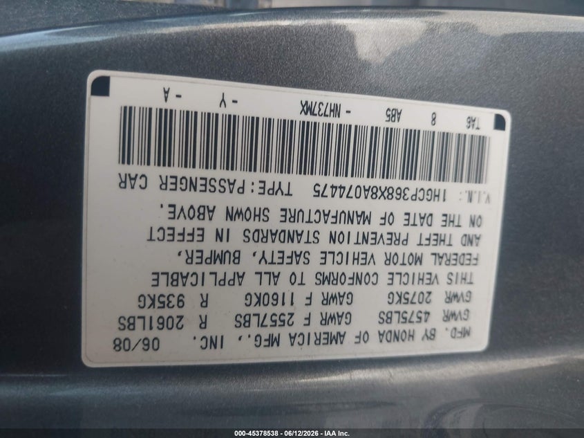 2008 Honda Accord VIN 1HGCP368X8A074475 IAAI salvage auction — NORMAL WEAR, Clear (Utah), sold $525 on 2026-07-09 (photo 9)