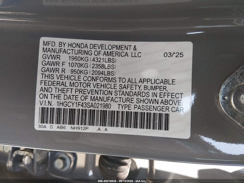 2025 Honda Accord VIN 1HGCY1F43SA021980 IAAI salvage auction — RIGHT SIDE, Salvage (California), sold $8,100 on 2026-07-29 (photo 9)