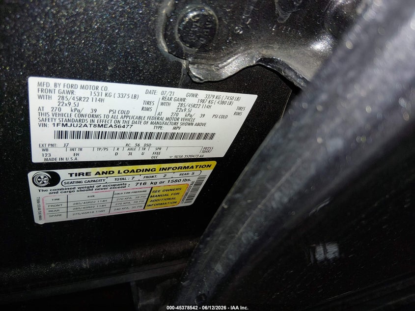 2021 Ford Expedition VIN 1FMJU2AT8MEA56477 IAAI salvage auction — FRONT END, Salvage Title, sold $25 on 2026-07-24 (photo 9)