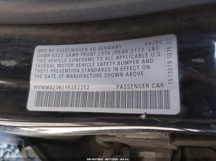 2000 Volkswagen Passat VIN WVWMA23B1YP362252 IAAI salvage auction — FRONT END, Clear - Public Restricted (Oregon), sold $25 on 2026-07-29 (photo 9)