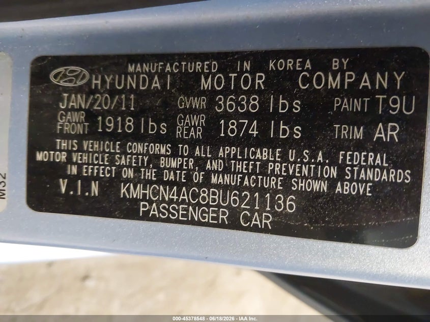 2011 Hyundai Accent VIN KMHCN4AC8BU621136 IAAI salvage auction — NORMAL WEAR, Original (Maine), sold $375 on 2026-07-20 (photo 9)
