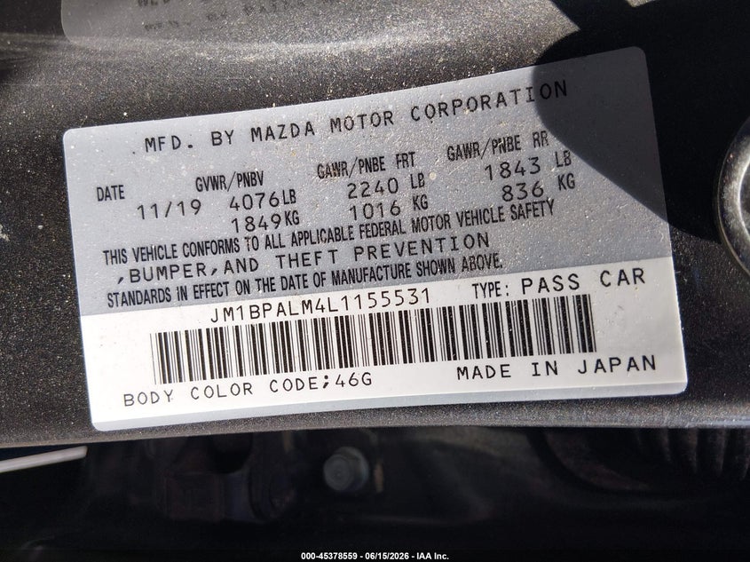 2020 Mazda 3 VIN JM1BPALM4L1155531 IAAI salvage auction — FRONT END, Salvage (Nevada), sold $1,800 on 2026-08-02 (photo 9)