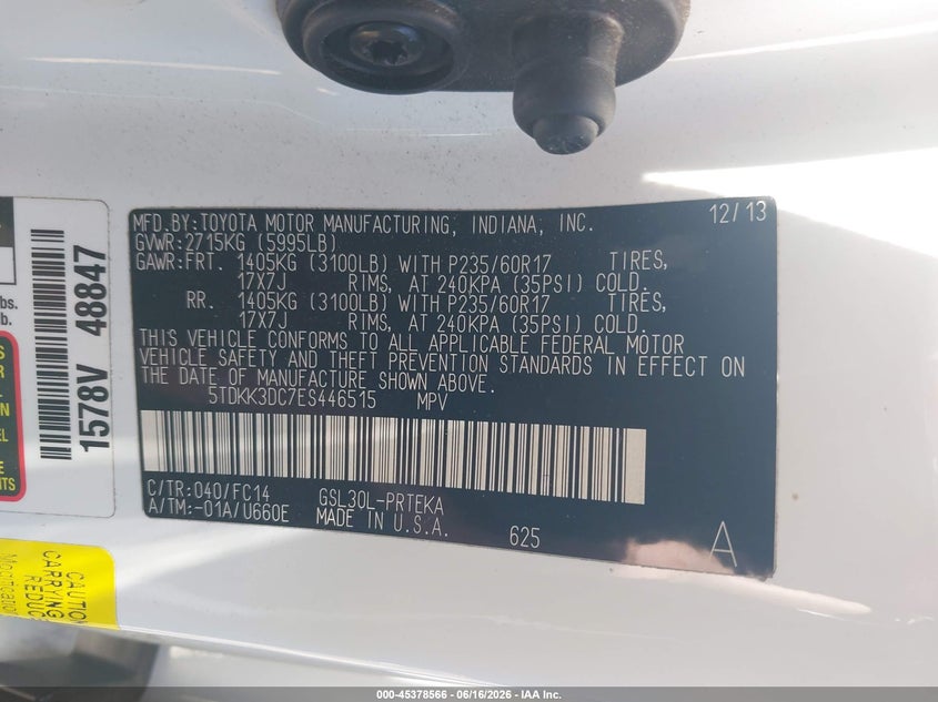 2014 Toyota Sienna VIN 5TDKK3DC7ES446515 IAAI salvage auction — FRONT END, Salvage Certificate (California), sold $2,250 on 2026-07-24 (photo 9)