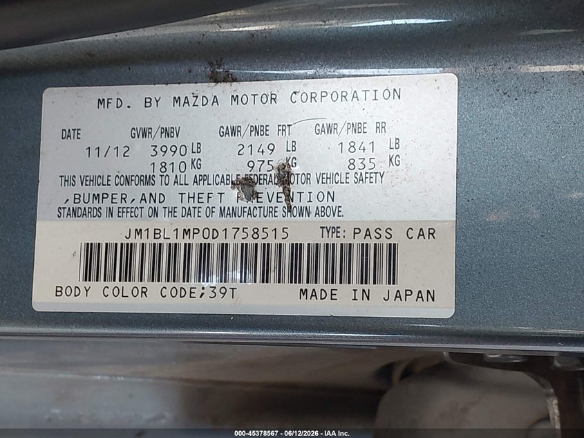 2013 Mazda 3 VIN JM1BL1MP0D1758515 IAAI salvage auction — RIGHT FRONT, Bill Of Sale (Washington), sold $450 on 2026-07-15 (photo 9)