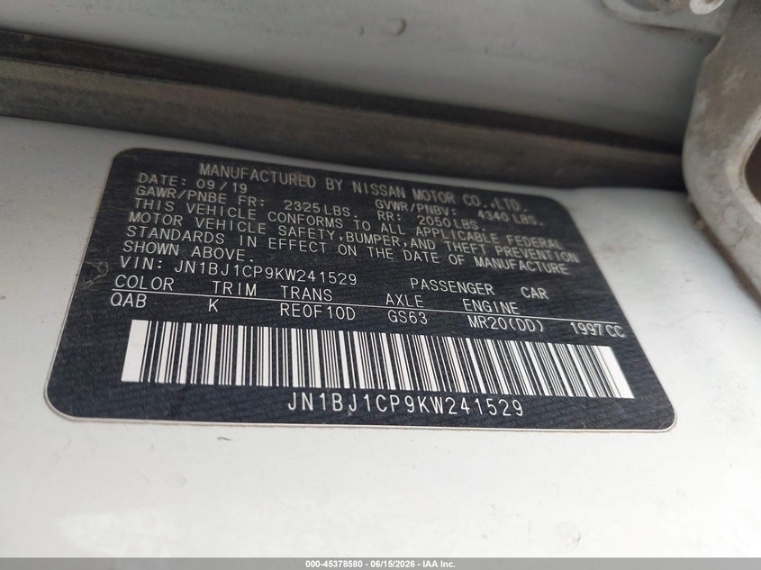 2019 Nissan Rogue VIN JN1BJ1CP9KW241529 IAAI salvage auction — HAIL, Original (Texas), sold $4,450 on 2026-07-29 (photo 9)