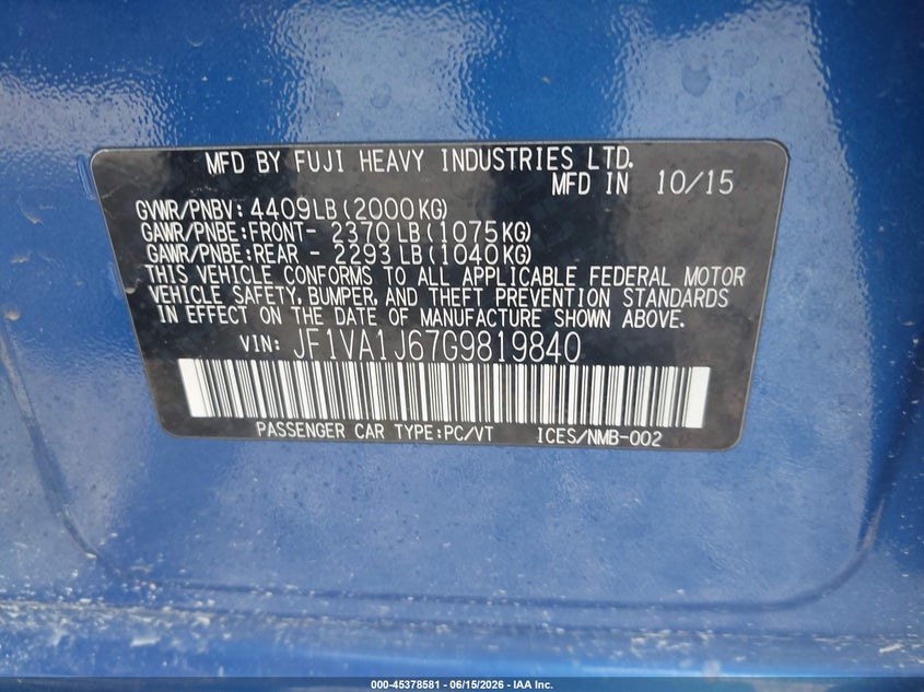 2016 Subaru Wrx VIN JF1VA1J67G9819840 IAAI salvage auction — LEFT FRONT, Salvage (Ohio), sold $2,750 on 2026-07-28 (photo 9)