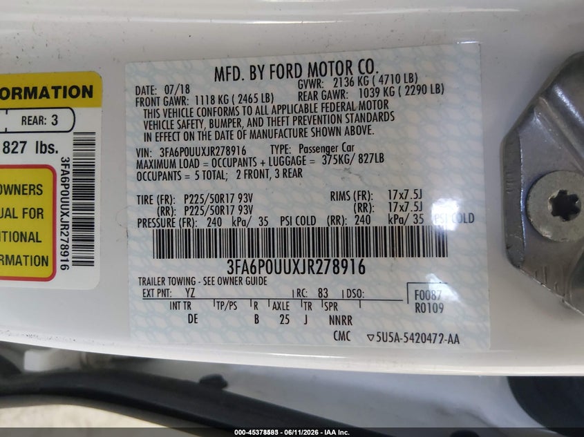 2018 Ford Fusion VIN 3FA6P0UUXJR278916 IAAI salvage auction — NORMAL WEAR, Sf97 (California), sold $12,100 on 2026-07-30 (photo 9)