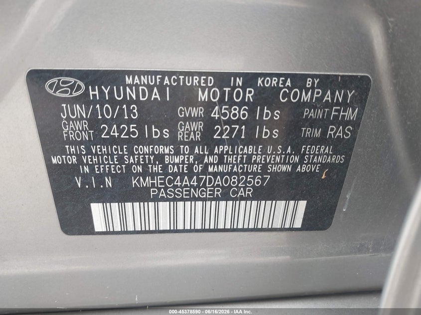 2013 Hyundai Sonata VIN KMHEC4A47DA082567 IAAI salvage auction — FRONT END, Salvage (Texas), sold $900 on 2026-07-07 (photo 9)